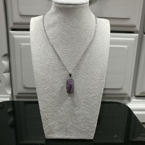 Amethyst Necklace Natural Gemstone Crystal Pendant Stainless-Steel Chain Purple - Picture 15 of 17